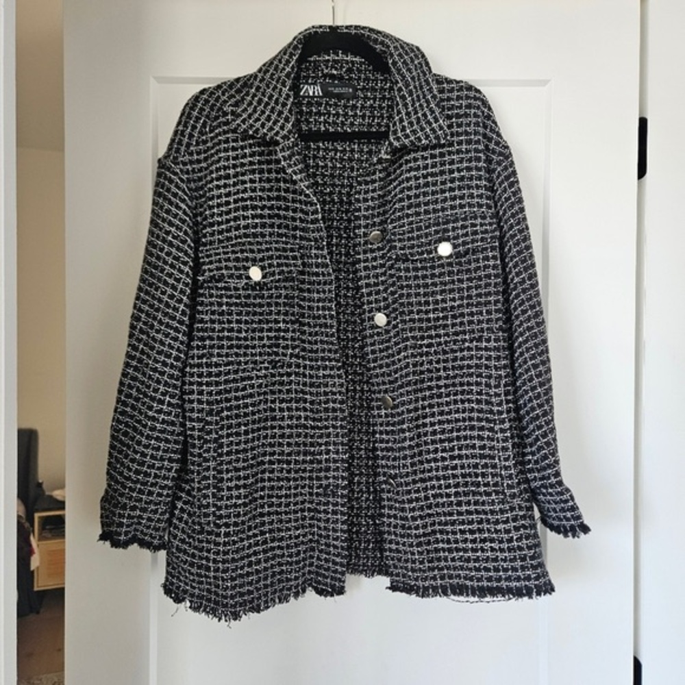 Zara Black & White Tweed Bouclé Jacket Blazer